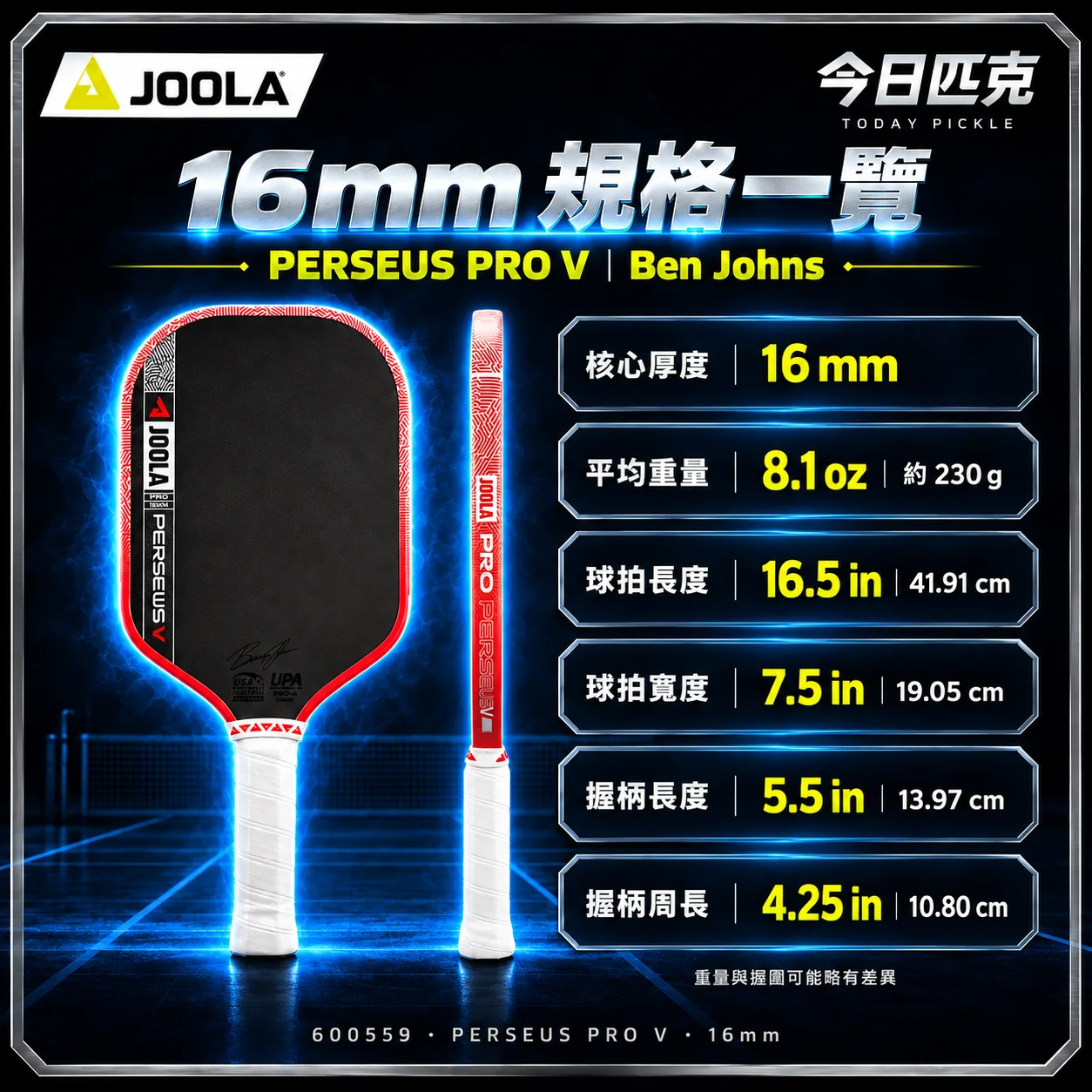 JOOLA PERSEUS PRO V 16MM 匹克球拍 Ben Johns Simon Jardim 商品介紹圖